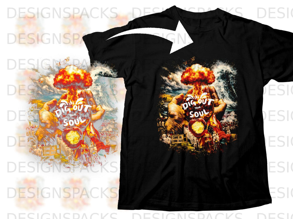 Black t-shirt with "Dig Out Your Soul" graphic featuring a mushroom cloud and hands.