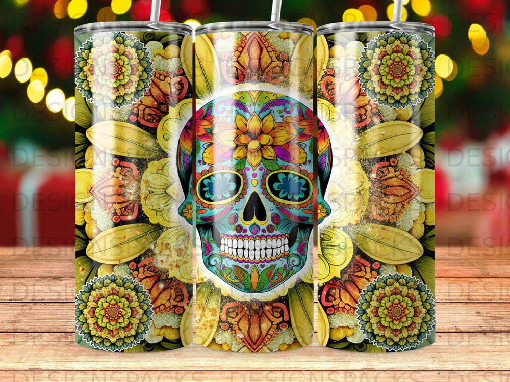 Floral skull tumbler with sunflowers and colorful decorative elements.