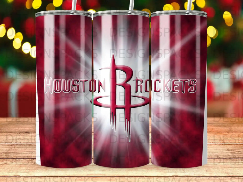 Houston Rockets logo tumbler with dark and red gradient background.