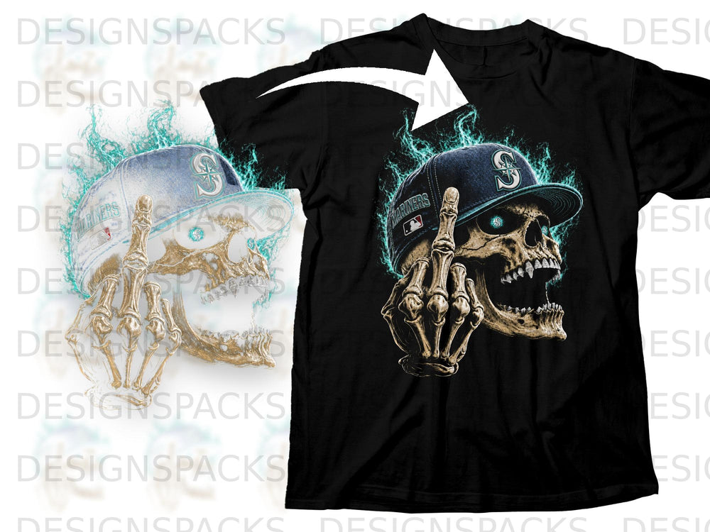 Skull wearing a Mariners baseball cap, with skeleton hand and blue flames.