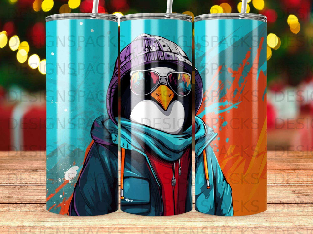 Penguin wearing sunglasses and a hat, artwork with abstract splashes.