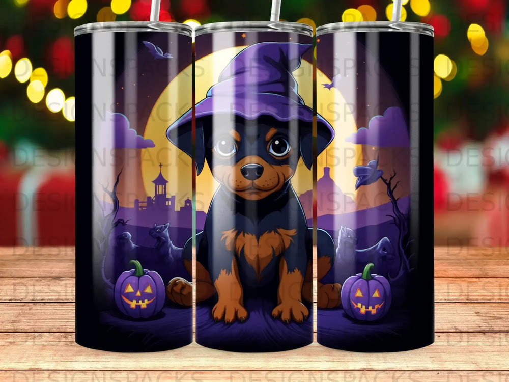 Halloween puppy wearing a witch hat with jack-o'-lanterns.