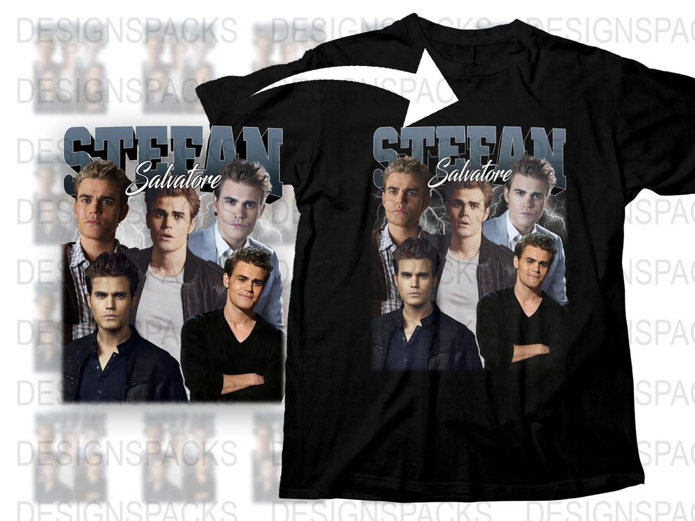Stefan Salvatore Vampire Diaries Inspired Graphic T-Shirt, Fan Merchandise, Multiple Poses Print, Casual Black Tee