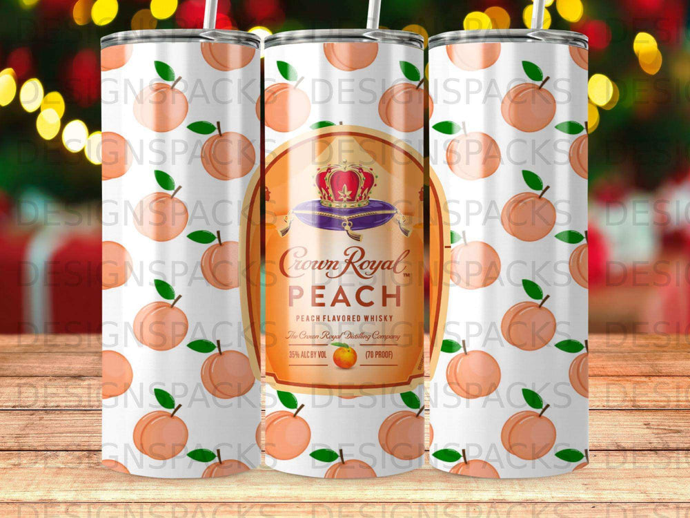 Crown Royal Peach whisky bottle with peaches and bokeh background.