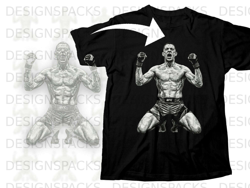 Black t-shirt with UFC fighter graphic, fists raised in victory.