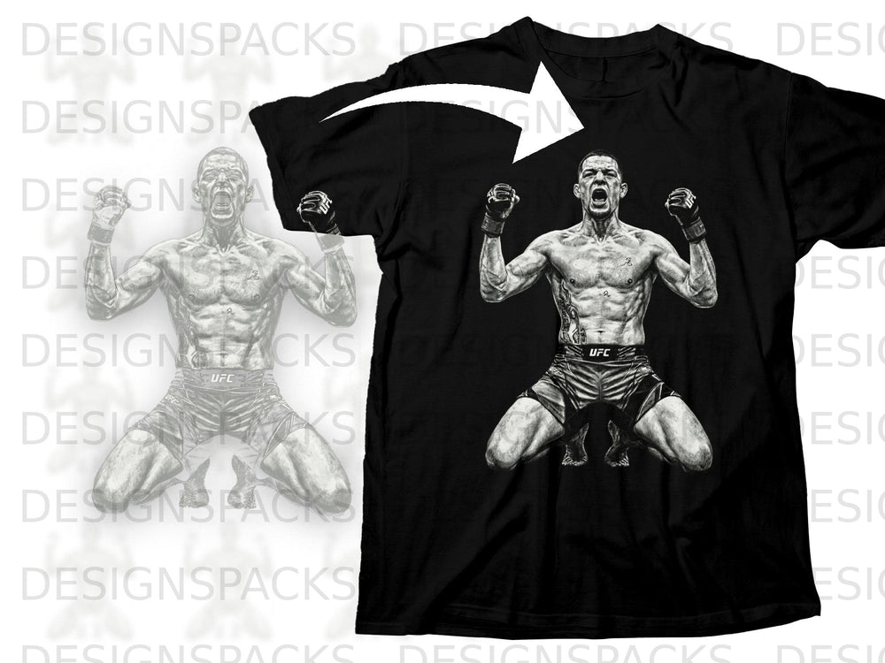 Black t-shirt with UFC fighter graphic, fists raised in victory.