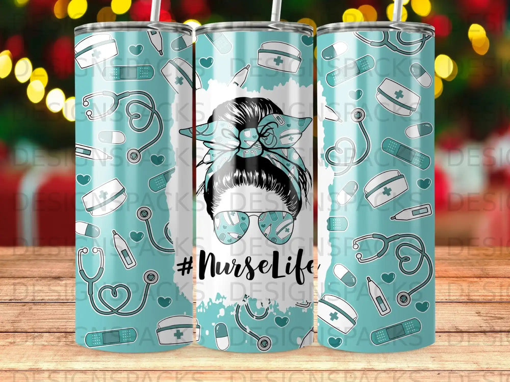 Turquoise tumbler with messy bun nurse pattern and "#NurseLife" text.