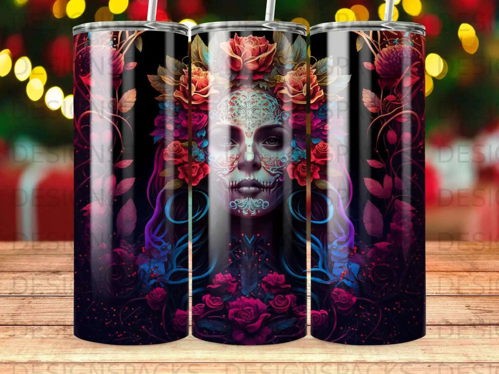 Sugar skull woman with roses and swirling floral designs.