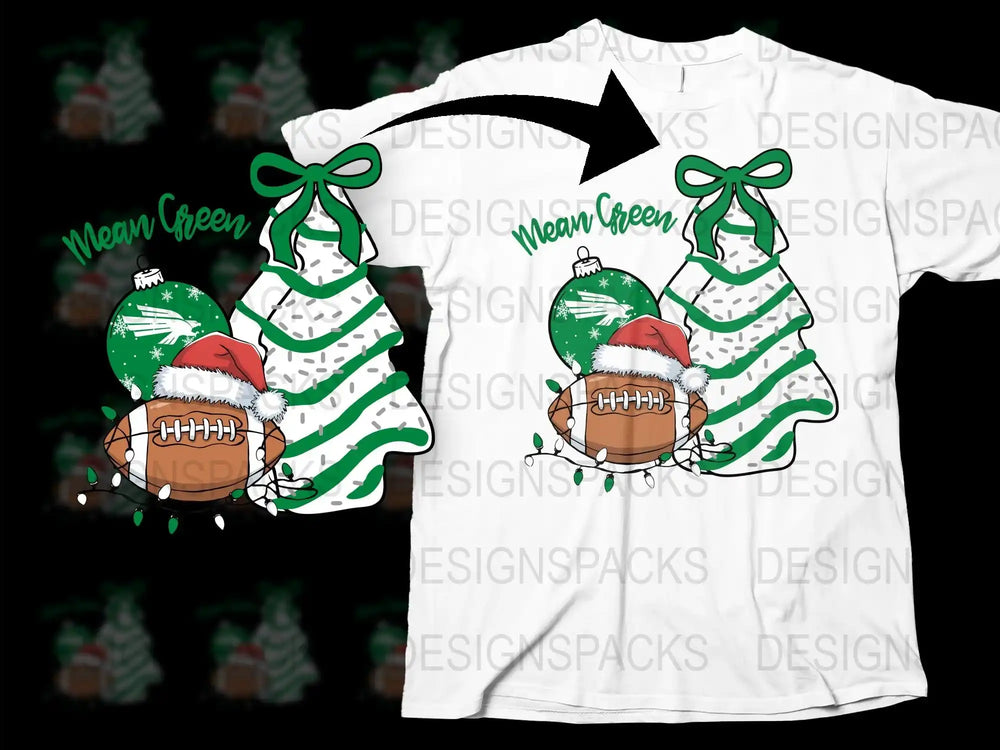 Mean Green Football Santa Hat Christmas T-Shirt, Festive Holiday Graphic Tee, Unique Sports Themed Xmas Apparel