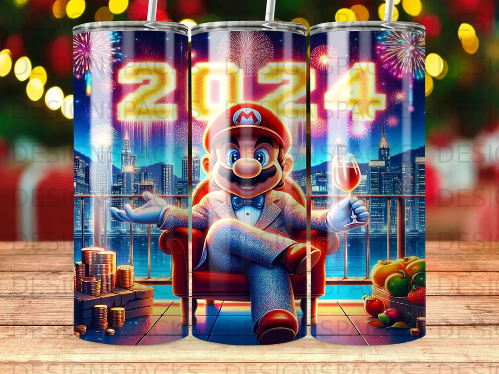 Mario in a suit sits in a chair holding a glass, with fireworks and a cityscape behind him.