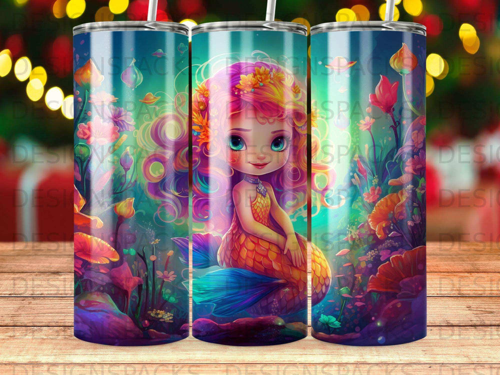 Mermaid sitting on tail, colorful ocean scene with flowers and coral.