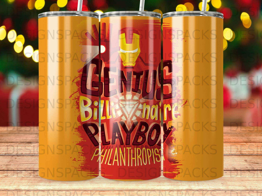 Genius Playboy Philanthropist text on three tumblers.
