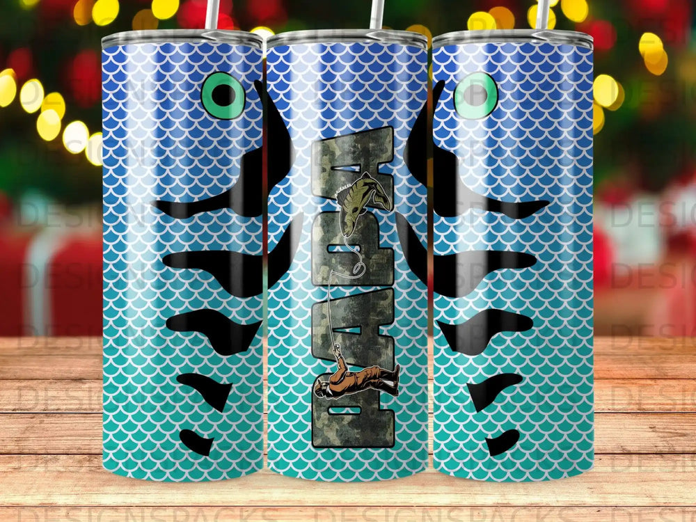 Blue, scaly tumbler with "Bass" text and fishing graphics.