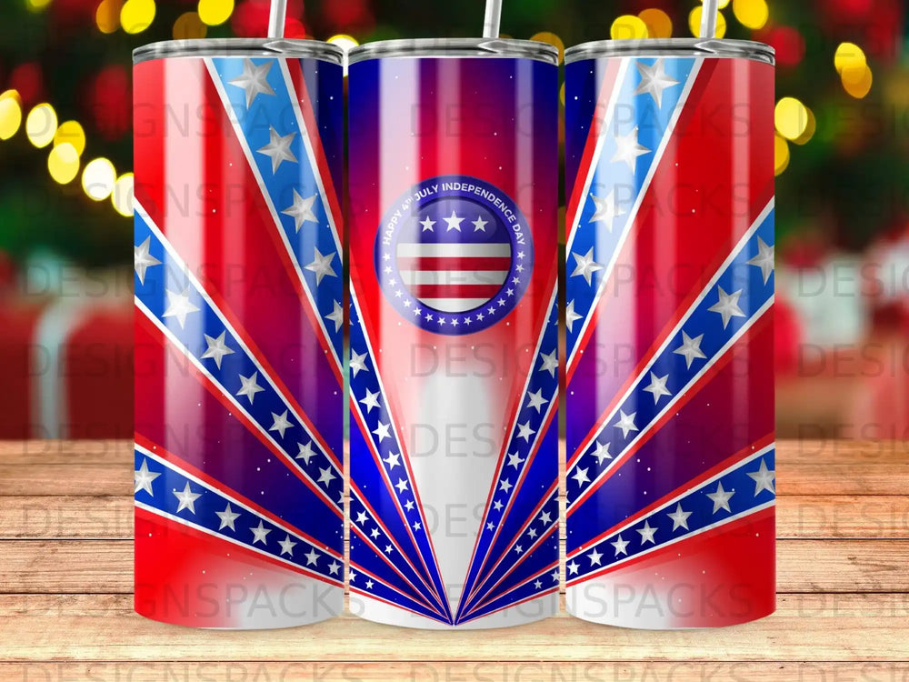 Red, white, and blue striped tumbler with stars and "4th July Independence Day".