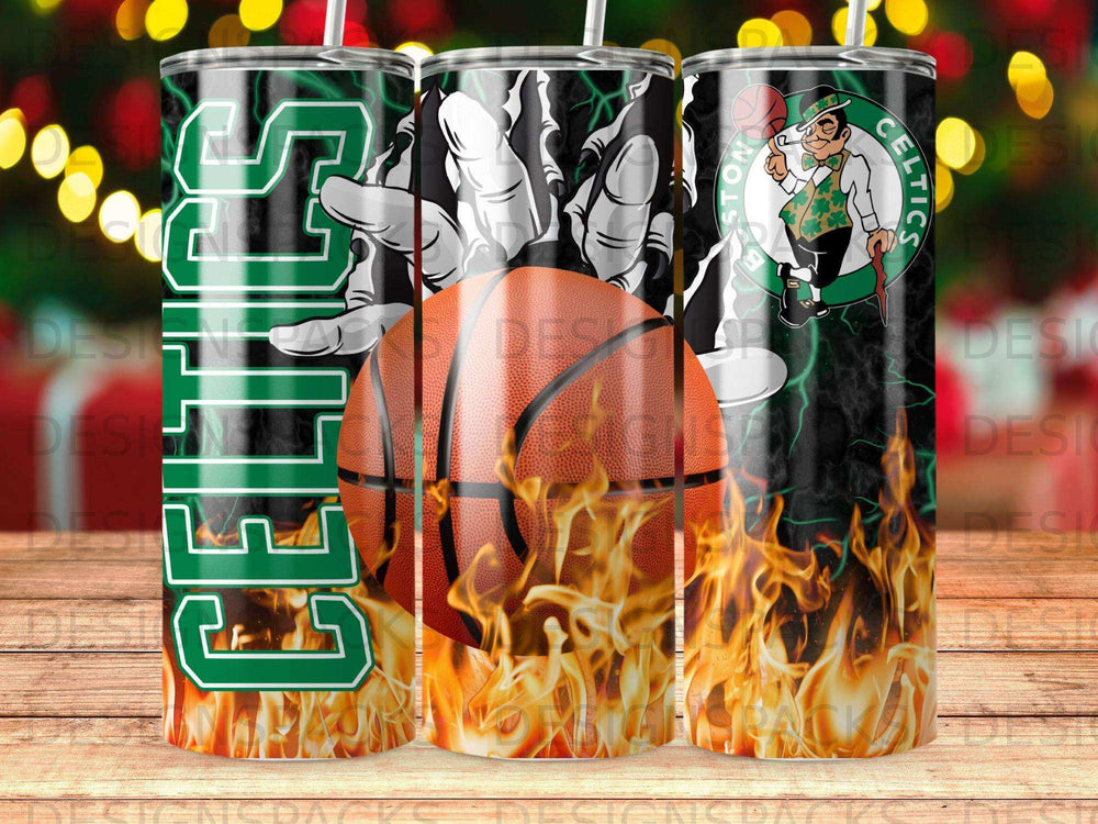 Boston Celtics basketball with flames on a tumbler.
