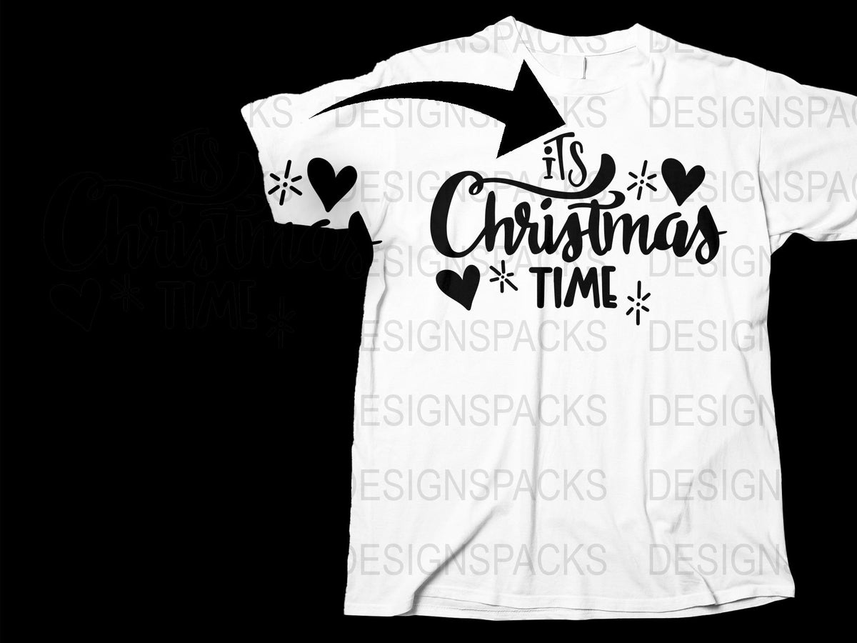 Festive Christmas Time T-Shirt, Holiday Casual Tee, White Graphic Shirt with Snowflakes and Hearts Design