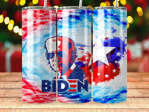 Tumbler with Joe Biden graphic and American flag design.