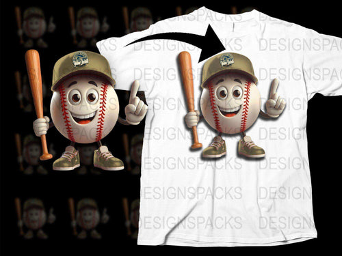 Cartoon Baseball Character T-shirt, Funny Sports Tee, Men's White Graphic Shirt, Casual Streetwear, Gift for Fans