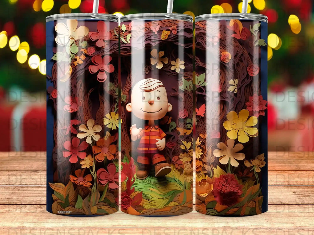 Charlie Brown standing among colorful autumn flowers.
