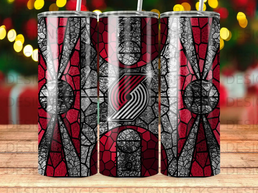 Portland Trail Blazers logo on a stained-glass pattern tumbler.