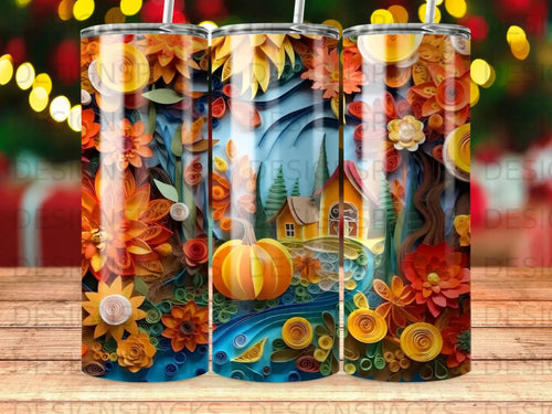 Autumn landscape with pumpkins, flowers, and rolling hills.