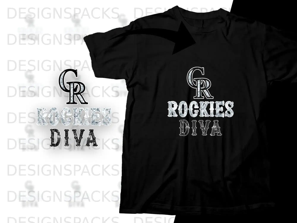 Black t-shirt with "Rockies Diva" text and a graphic logo.
