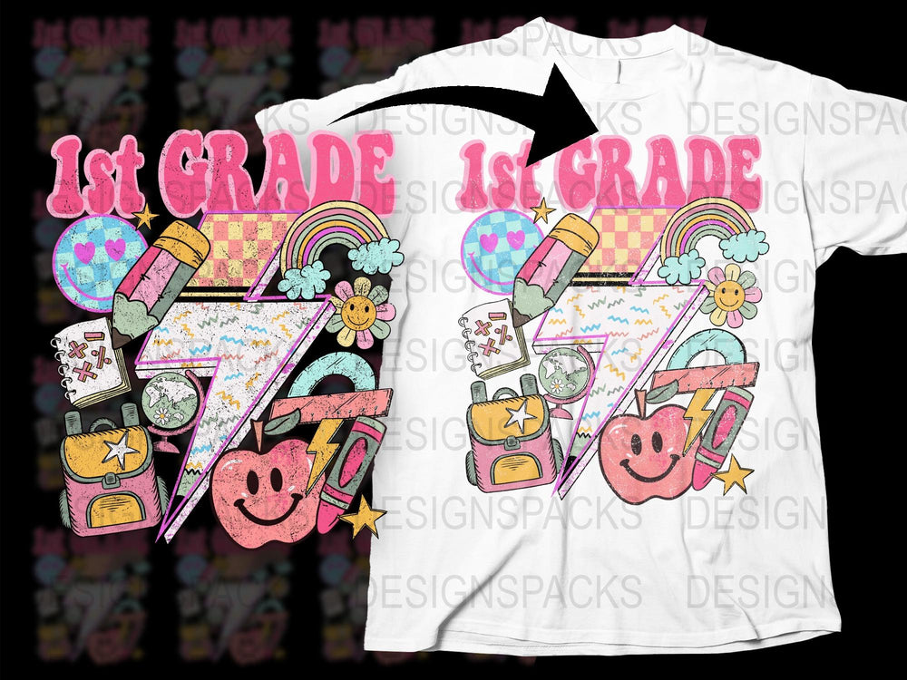 1st Grade T-Shirt Cute School Supplies and Rainbow Graphic Tee Customizable Kids Back to School Outfit