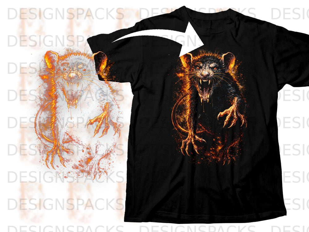 Black t-shirt featuring a fierce, fiery rat-like creature graphic with sharp claws.
