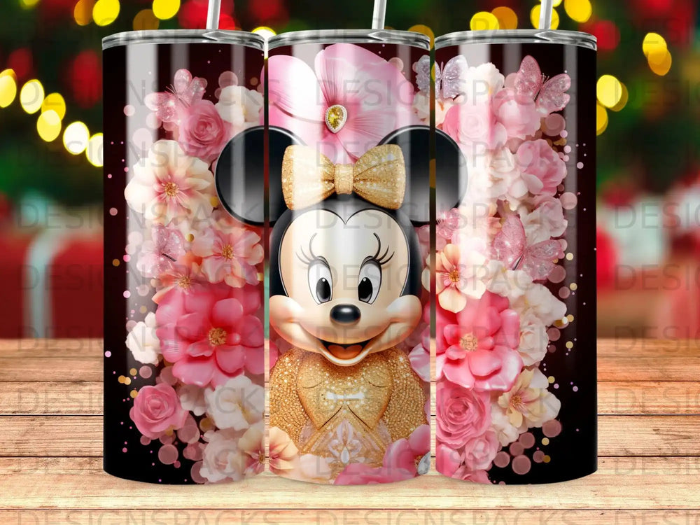Minnie Mouse with pink flowers and gold glitter accents.