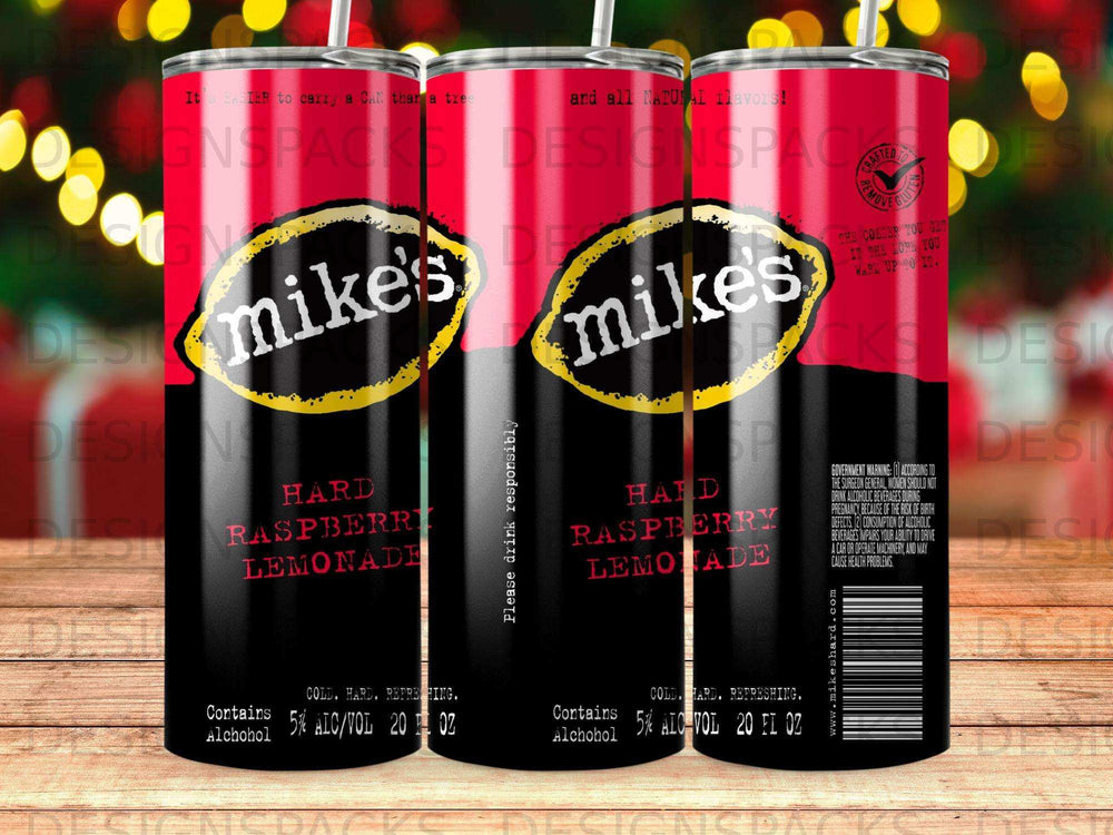 Two bottles of Mike's Hard Raspberry Lemonade with text and branding.
