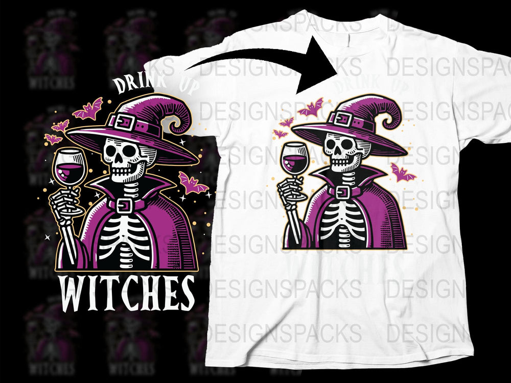 Halloween Skeleton T-Shirt, Drink Up Witches, Funny Spooky Witch Hat Graphic Tee, Unisex Party Costume Shirt