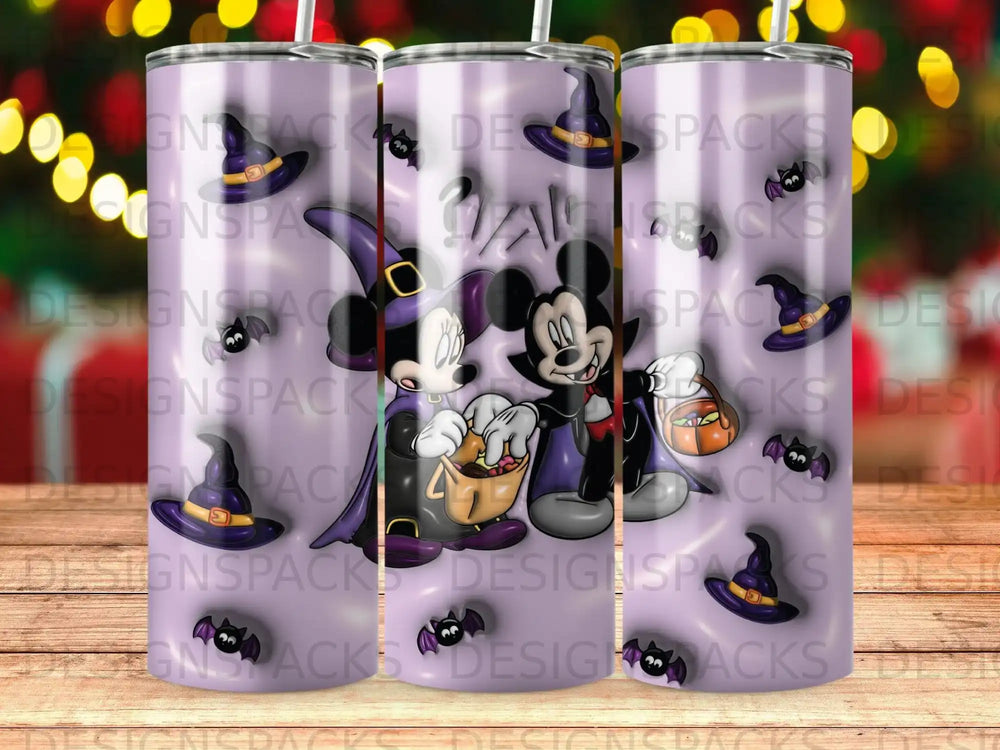 Mickey and Minnie Mouse in Halloween costumes holding candy bags.