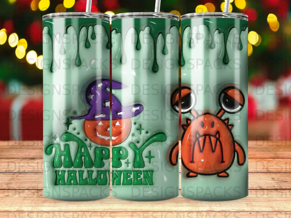 Happy Halloween tumbler with a cartoon pumpkin and monster design.