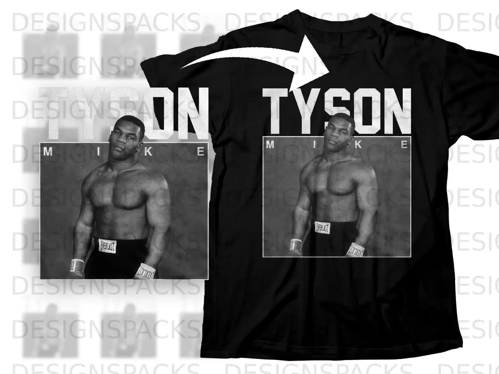 Mike Tyson portrait on a black t-shirt with "DESIGNS ON TYSON" text.