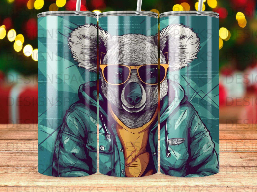 Koala wearing sunglasses and a jacket, printed on three tumblers.