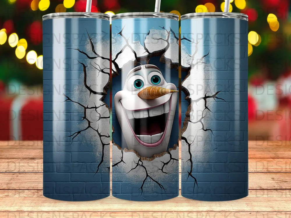Olaf peeking through a cracked brick wall, smiling widely.