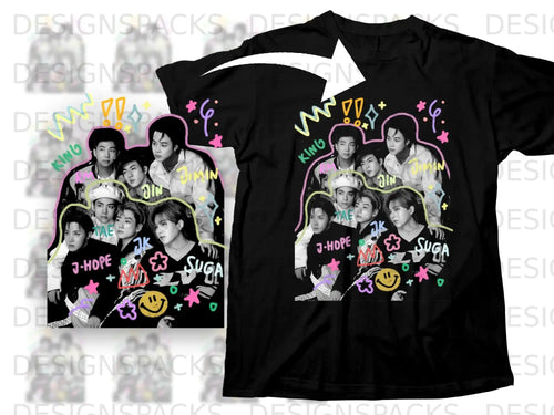 Black t-shirt featuring a colorful illustration of the K-pop group BTS.