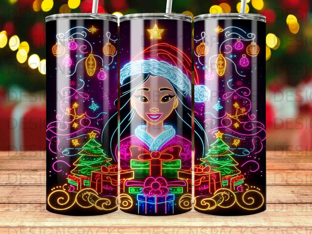 Christmas tumbler with a cartoon girl, trees, and gifts, all in neon outline style.