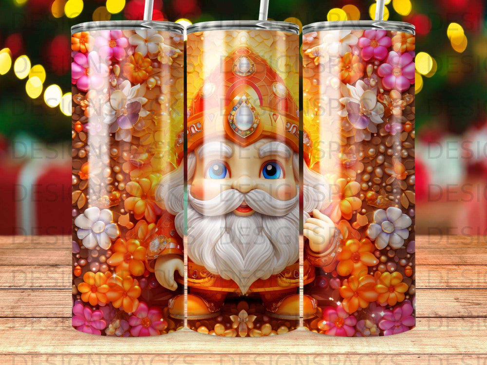 Gnome with orange and pink floral pattern and festive bokeh lights.