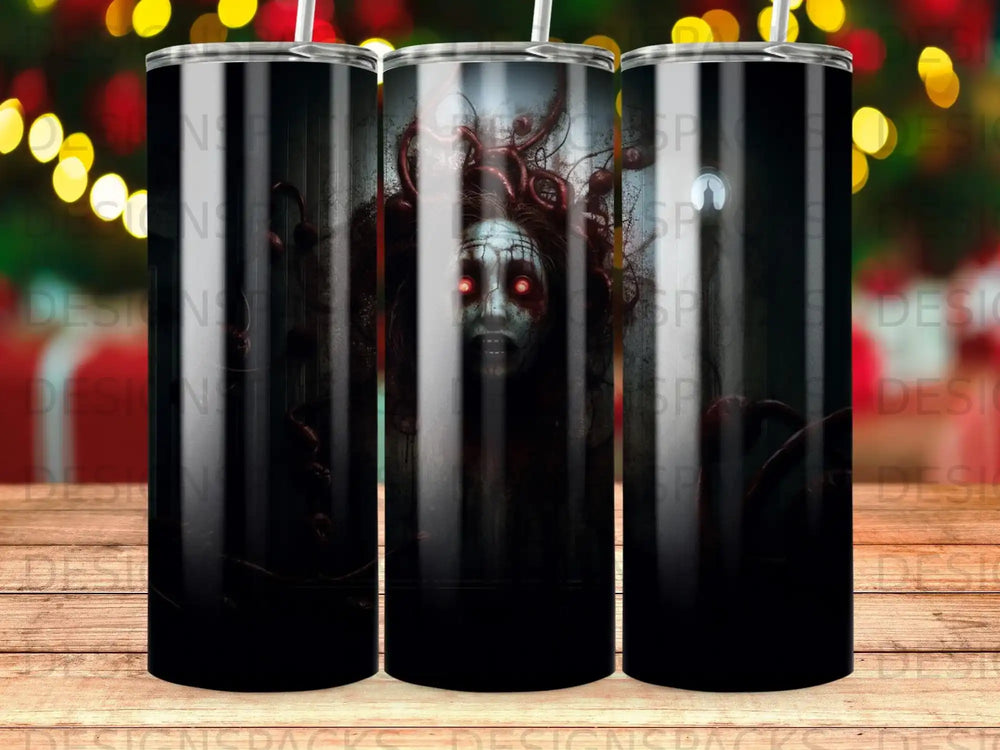 Creepy figure with glowing red eyes and tentacles on a dark background.