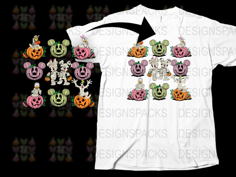 Halloween Themed T-Shirt with Cartoon Pumpkin and Ghosts Design, Cute Fall Apparel for All Ages