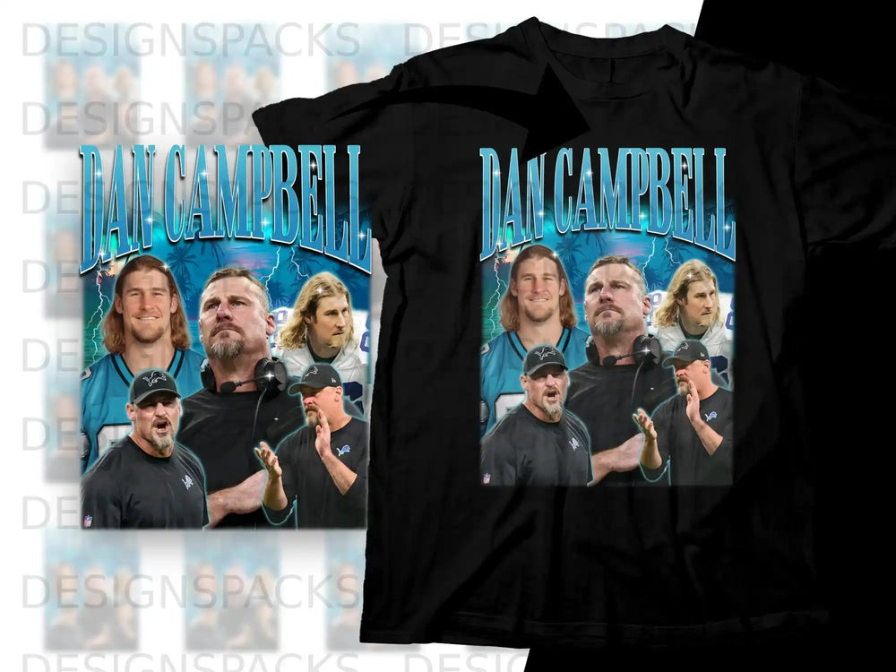 Dan Campbell and Detroit Lions players on a black t-shirt.