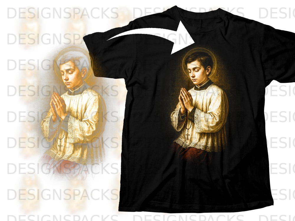 Black t-shirt with image of a young boy with halo, praying.
