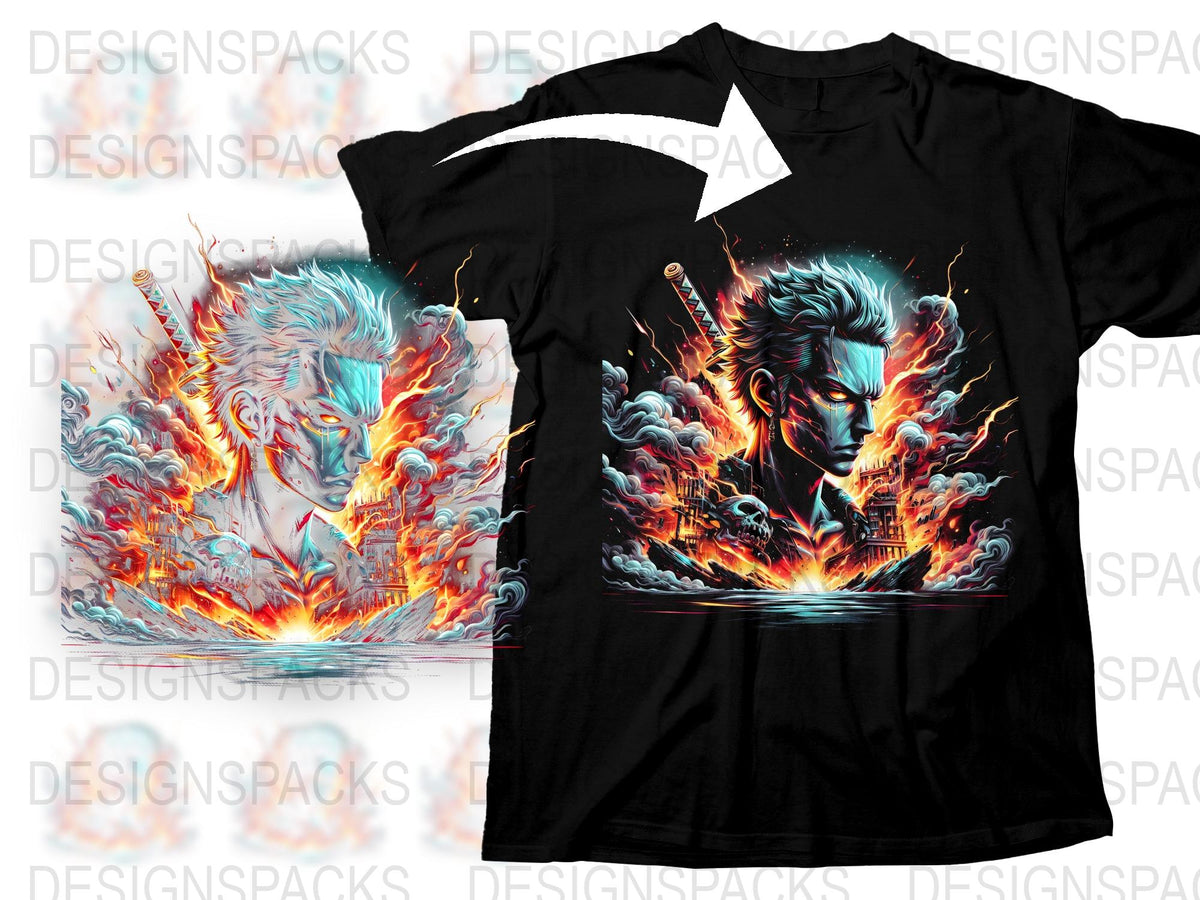 Men's Graphic T-Shirt with Fiery Wolf and Warrior Design, Cool Fantasy Print Tee, Unique Illustration Shirt for Casual Wear