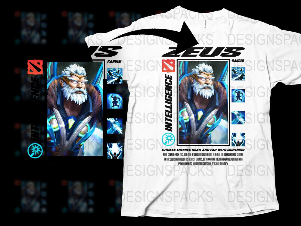 Zeus Graphic T-Shirt, Cool Gaming Character Design, White Tee, Men's Fashion, Gamer Apparel, Printed Shirts