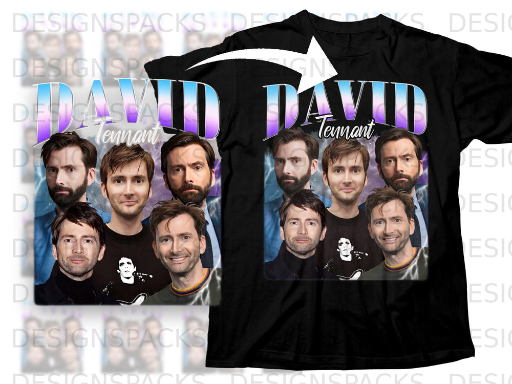 Black t-shirt featuring a collage of David Tennant with "DAVID Tennant" text.