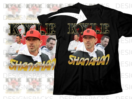 Black t-shirt with Kyle Shanahan graphic and text.