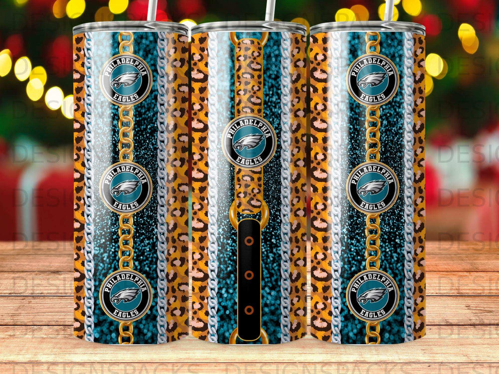 Philadelphia Eagles logo on a leopard print and gold chain tumbler.
