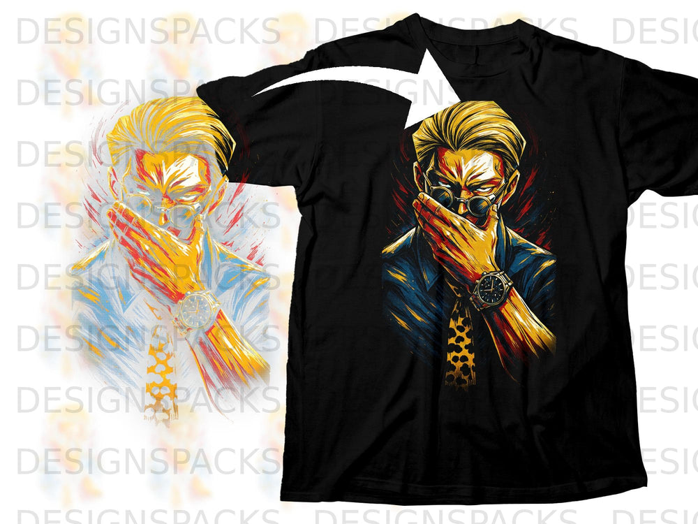T-shirt with graphic of a man with sunglasses and leopard print tie.