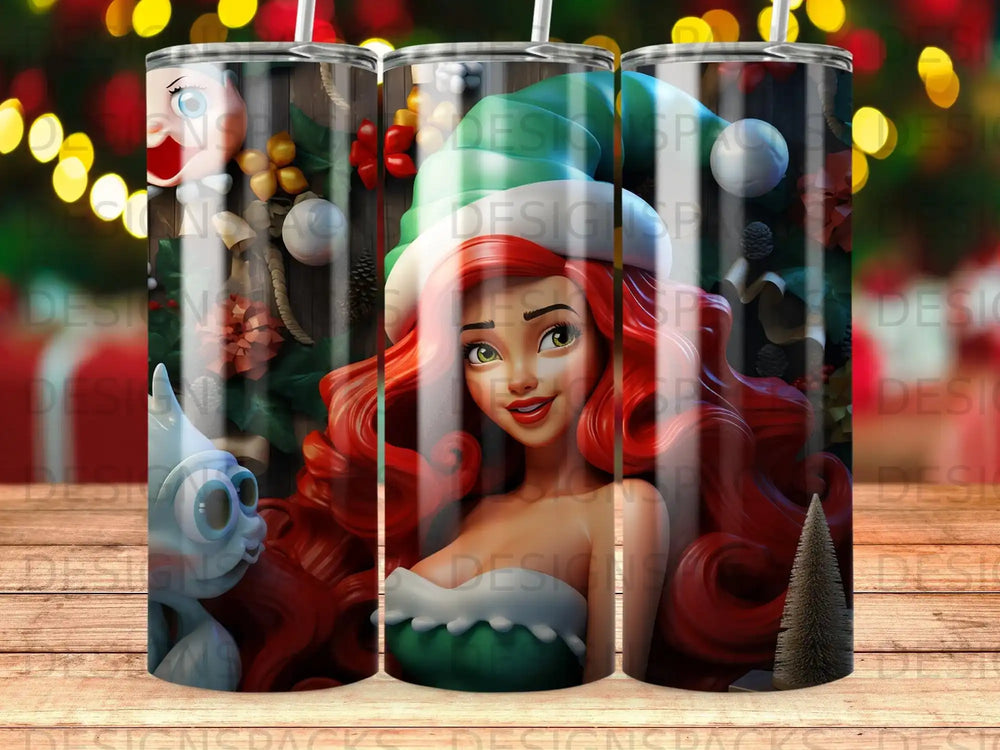 Ariel with a Santa hat and elf hat, surrounded by Christmas lights and trees.